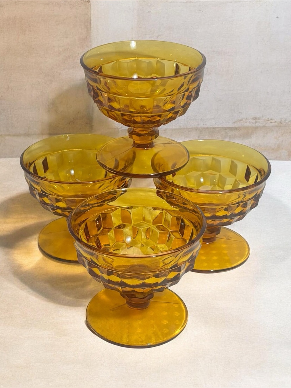 VTG Indiana Glass Whitehall Amber Cubist Footed Sherbet Dessert Glasses Set of 4